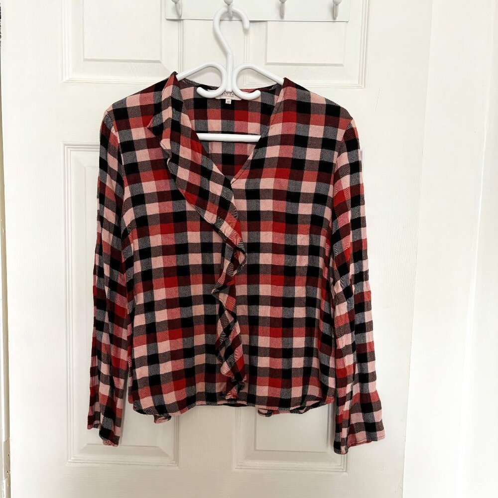 Part two, Plaid Ruffle Front Blouse | Red Black Pink | Size 40